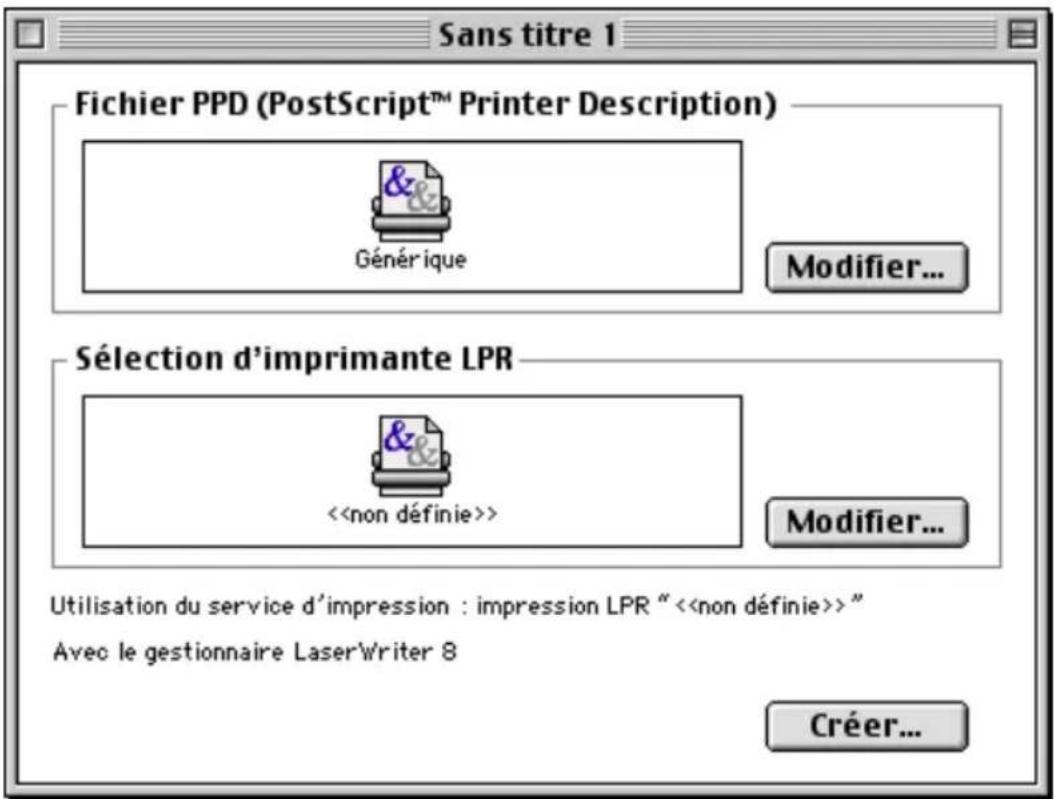 Sans titre 1 Fichier PPD (PostScript™ Printer Description) & & Générique Modifier... Sélection d'imprimante LPR <> Modifier... Utilisation du service d'impression : impression LPR " <> " Avec le gestionnaire LaserWriter 8 Créer...