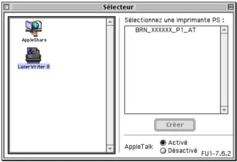 SÉLECTEUR AppleShare & LaserWriter 8 Sélectionnez une imprimante PS : BRN_XXXXXX_P1_AT Créer AppleTalk ● Activé ○ Désactivé FU1-7.6.2