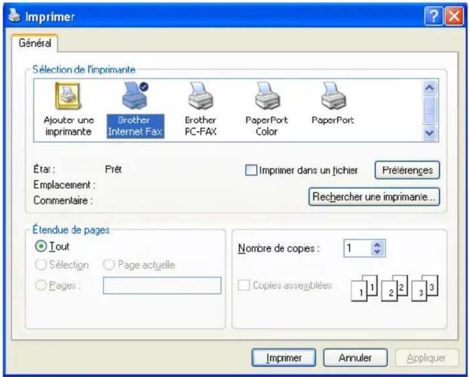 Imprimer Général Sélection de l'imprimante Ajouter une imprimante Brother Internet Fax Brother PC-FAX PaperPort Color PaperPort État : Prêt Emplacement : Commentaire : Imprimer dans un fichier Préférences Rechercher une imprimante... Étendue de pages Tout Sélection Page actuelle Pages : Nombre de copies : 1 Copies assemblées 1 1 2 3 3 Imprimer Annuler Appliquer