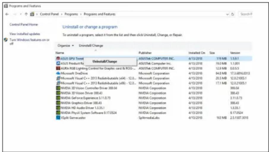 ASUS ROGSTRIXGTX1660TI6GGAMING - Odstranjevanje pripomočka ASUS GPU Tweak v systemdih Windows® 10 / 8.1 / 8 / 7 (64-bitne izdaje) - 1