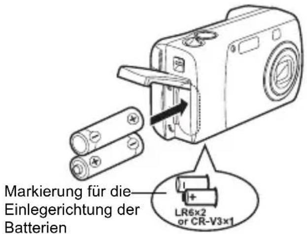 OLYMPUS Camedia X100 - Legen Sie die Batterien wie in der Abbildung gezeigt mit der richtigen Polarityt ein. - 1