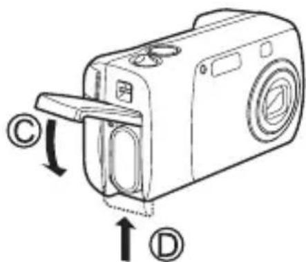 OLYMPUS Camedia X100 - Close the battery compartment cover, then press it down and slide it in the direction shown D. - 1