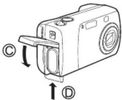 OLYMPUS Camedia X100 - Zum Schlieben des Batteriefachdeckels drucken Sieihn nach unten und schibenihn wie gezeigt in Richtung D. - 1