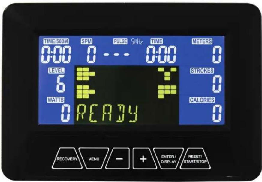 TIME/500M SPM PULSE 5kHz TIME METERS 0:00 0 - - 0:00 0 LEVEL STROKES 6 WATTS CALORIES 0 READY 0 RECOVERY MENU - + ENTER/ DISPLAY RESET/ START/STOP