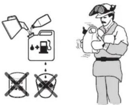 Safety warning illustration showing fuel injection and discharge symbols with a worker holding a bottle