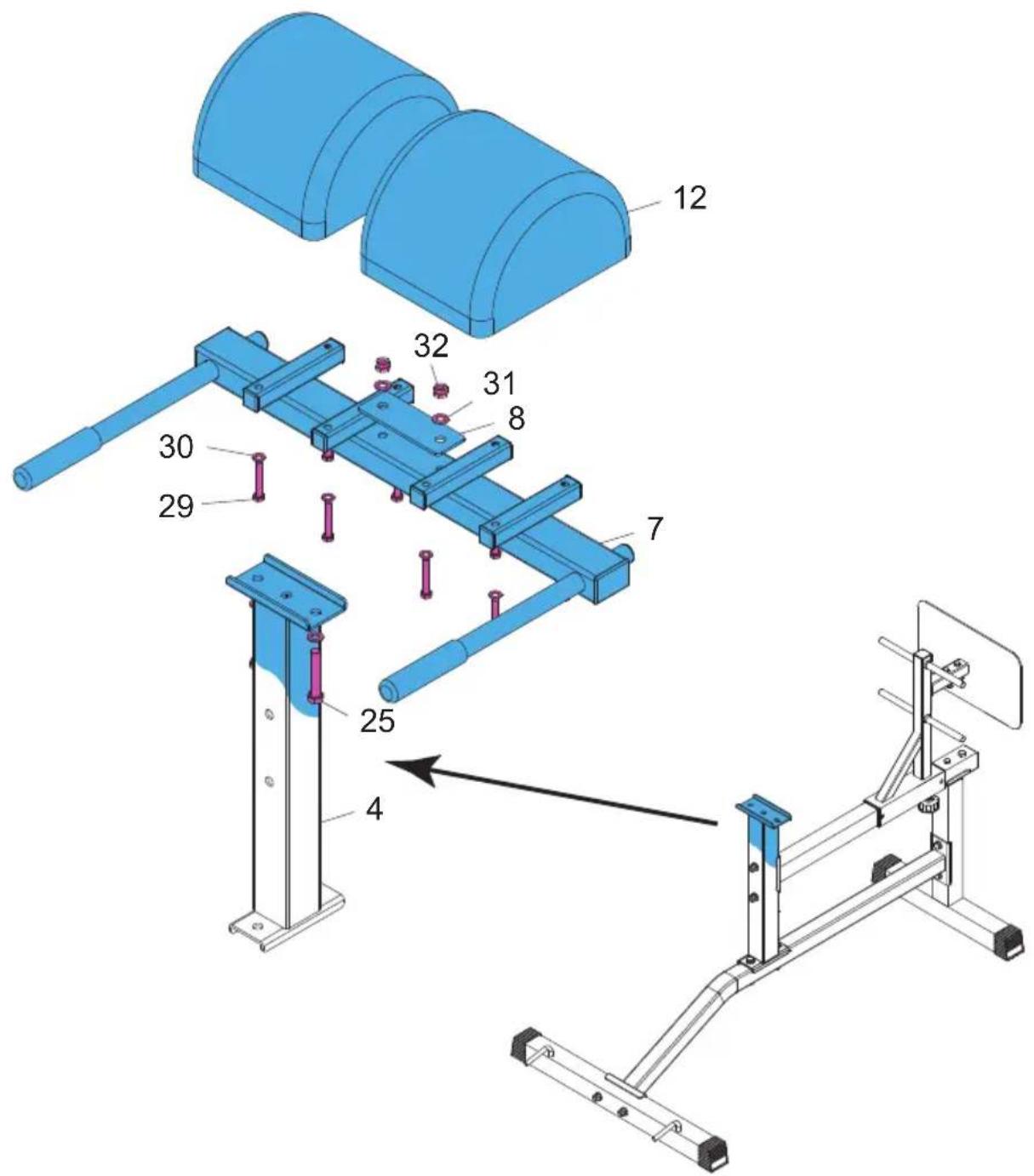 Technical diagram of a mechanical assembly with numbered components, including a 3D model and a 2D view of a machine.