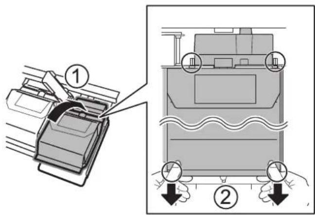 KYOCERA TASKalfa Pro 15000c - Incliner la cartouche d'encre sur le côté et l'installer le long des broches de guidage. - 1