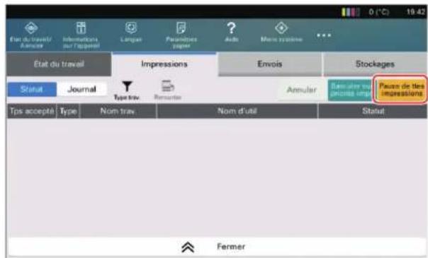KYOCERA TASKalfa Pro 15000c - Sélectionner [Pause ttes Impressions] dans l'écran d'état des travaux d'impression. - 1