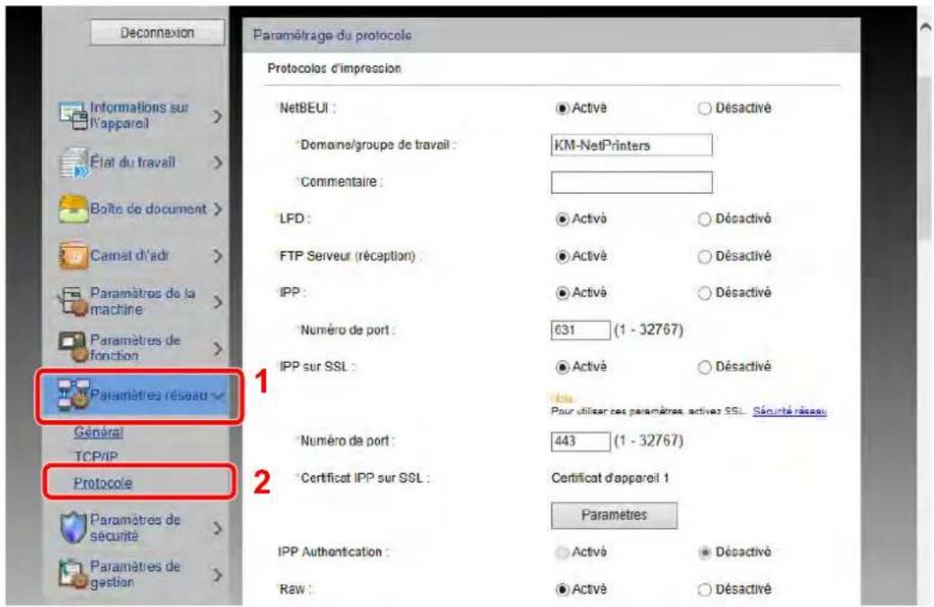KYOCERA TASKalfa 5002i - Dans le menu [Paramétres réseau], cliquer sur [Protocole]. - 1