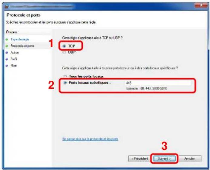 KYOCERA TASKalfa 6003i - Sélectionner [TCP] comme port auquel appliquer la rège. Sélectionner ensuite [Ports locaux spécifiques] et saisir "445" puis cliquer sur [Suvant]. - 1