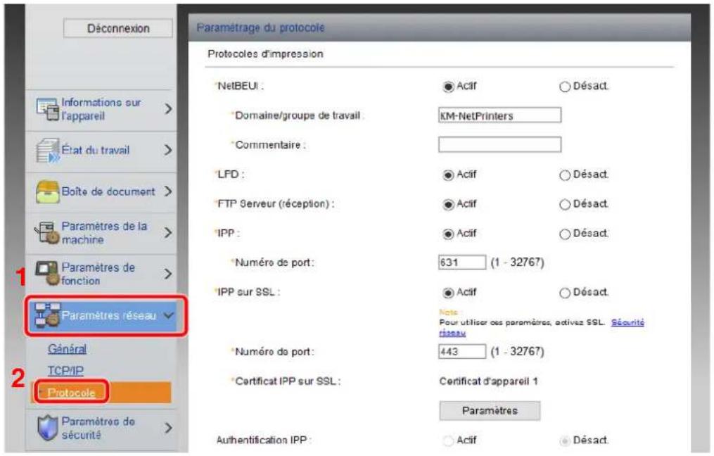 KYOCERA TASKalfa 308ci - Dans le menu [Paramètres réseau], cliquer sur [Protocole]. - 1