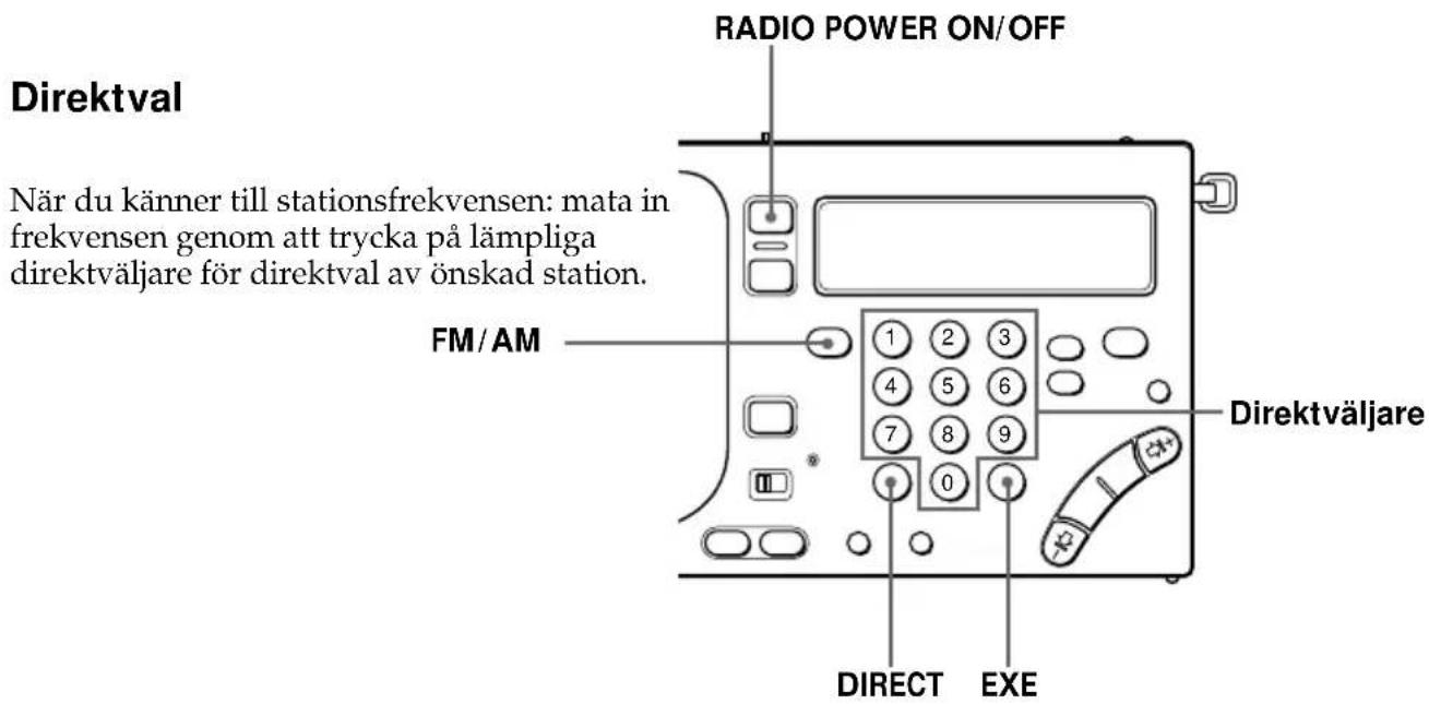 RADIO POWER ON/OFF Direktval När du känner till stationsfrekvensen: mata in frekvensen genom att trycka på lämpliga direktväljare för direktval av önskad station. FM/AM 1 2 3 4 5 6 7 8 9 0 Direktväljare DIRECT EXE