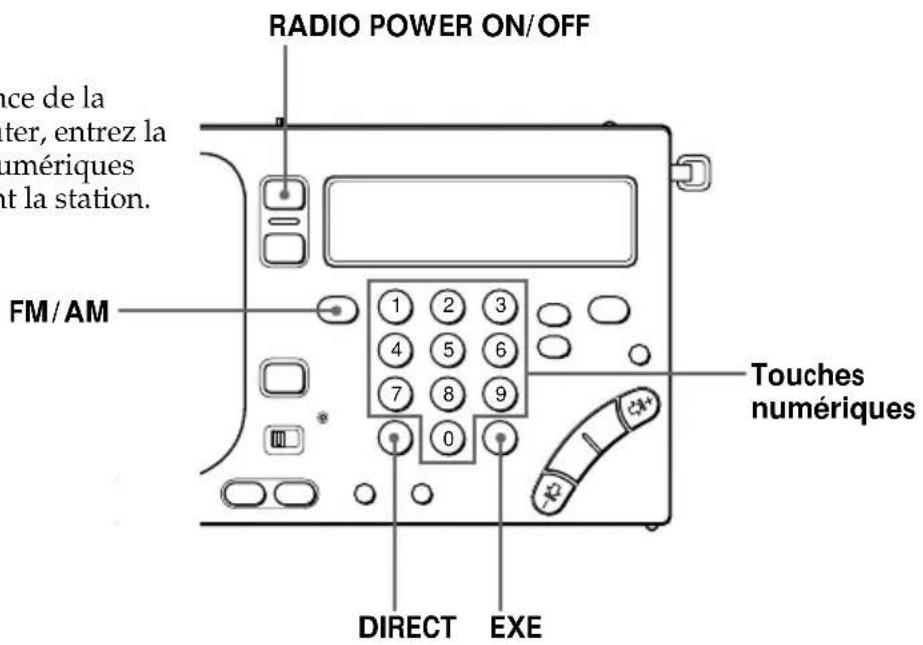 RADIO POWER ON/OFF ance de la ter, entrez la numériques nt la station. FM/AM 1 2 3 4 5 6 7 8 9 0 Touches numériques DIRECT EXE