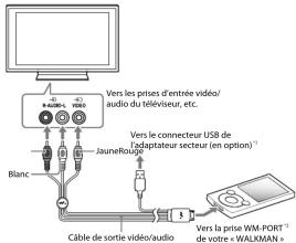 Vers les prises d'entrée vidéo/ audio du téléviseur, etc. Vers le connecteur USB de adaptateur secteur (en option)⁻¹ Câble de sortie vidéo/audio Vers la prise WM-PORT⁻¹ de votre « WALKMAN »