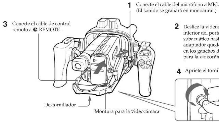 SONY MPKTRV2 - Coloque la videocamara en el portacamara subacuatico. Verifique la posicion del adaptorator. (Consulte las paginas 6 y 7.) - 1