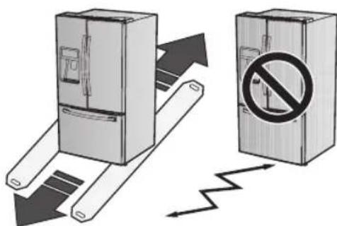 Diagram illustrating refrigeration and safety warning, showing a refrigerator with downward flow and a prohibition sign.