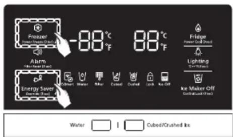 Freezer -88 °C 88 °C Fridge Power (kcal per head) Alarm Lighting (7~100 psi) Energy Saver Electricity (kcal per head) Water Light Cured Dashed Clock Ice Off Ice Maker Off Control (kcal per head) Water I Cubed/Crushed Ice