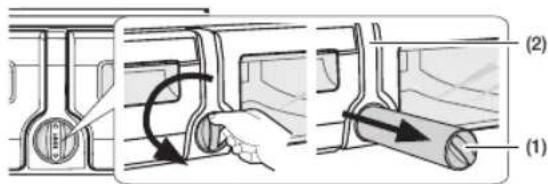 Diagram illustrating vehicle door seat assembly with labeled parts (1) and (2), showing hand positioning and roller movement.