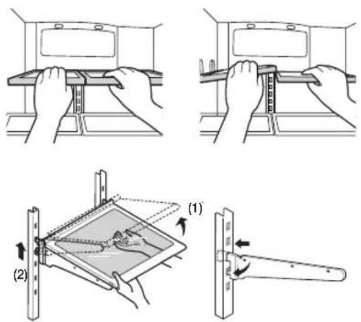 Technical diagram illustrating a mechanical assembly process with labeled steps (1) and (2), showing hand positioning and adjustment.