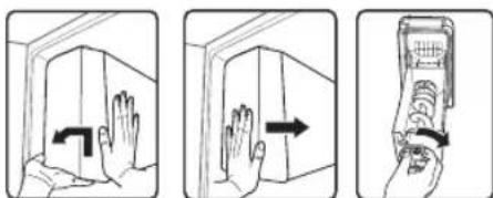 Illustration showing three steps of hand positioning: opening, moving forward, and closing a mobile phone.