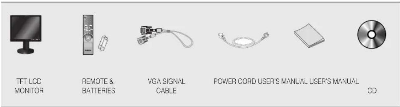 TFT-LCD MONITOR REMOTE & BATTERIES VGA SIGNAL CABLE POWER CORD USER'S MANUAL USER'S MANUAL CD