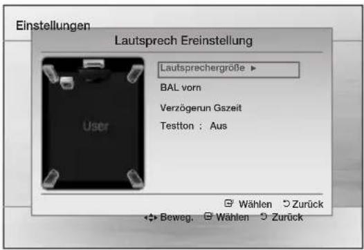 Einstellungen Lautsprech Ereinstellung Laufsprechergröße ▶ BAL vorn Verzögerun Gszeit Testton ; Aus Wählen Zurück Beweg. Wählen Zurück