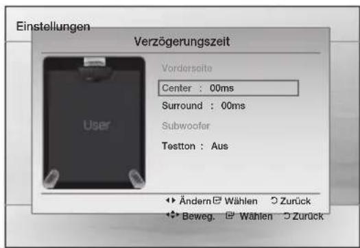 Einstellungen Verzögerungszeit Vorderseite Center : 00ms Surround : 00ms Subwoofer Testton : Aus Ändern Wählen Zurück Beweg. Wählen Zurück