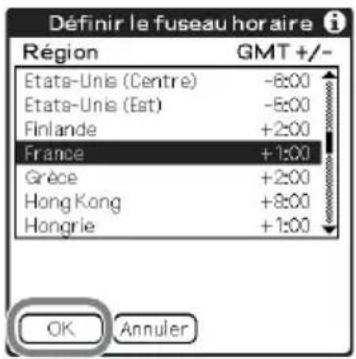 Définir le fuseau horaire Région GMT +/- Etate-Unis (Centre) -6:00 Etate-Unis (Est) -5:00 Finlande +2:00 France +1:00 Grèce +2:00 Hong Kong +8:00 Hongrie +1:00 OK Annuler