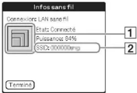 Infos sans fil Connexion: LAN sans fil Etat: Connecté Puissance: 84% SSID: 000000eng 1 2 Terminé