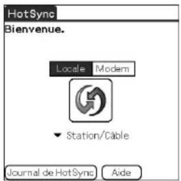 HotSync Bienvenue. Locale Modem ▼ Station/Câble Journal de HotSync Aide