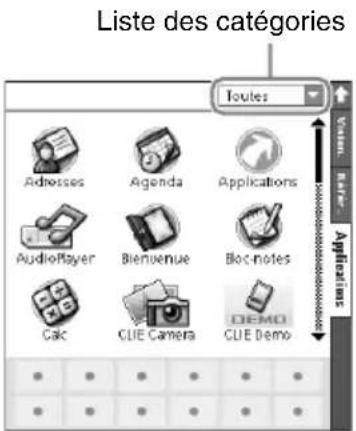 Liste des catégories Toutes Adresses Agenda Applications AudioPlayer Bienvenue Bloc notes Calc CLIE Camera DEMO CLIE Demo