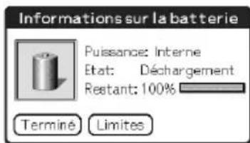 Informations sur la batterie Puissance: Interne Etat: Déchargement Restant: 100% Terminé Limites