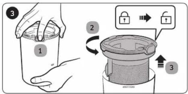 Diagram illustrating three-step steps of a food preservation or cleaning procedure, showing hand holding a cup and moving to a filter with lock icons.