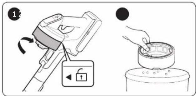 Diagram illustrating a hand using a device to clean a container, with labeled steps and directional arrows.