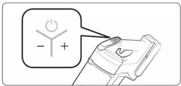 Diagram showing a power button icon with minus and plus signs connected to a device, likely illustrating a basic electrical or diagnostic concept.