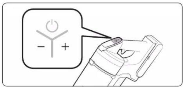 Diagram showing a power symbol with minus and plus signs connected to a device, likely illustrating a basic electrical or diagnostic concept.