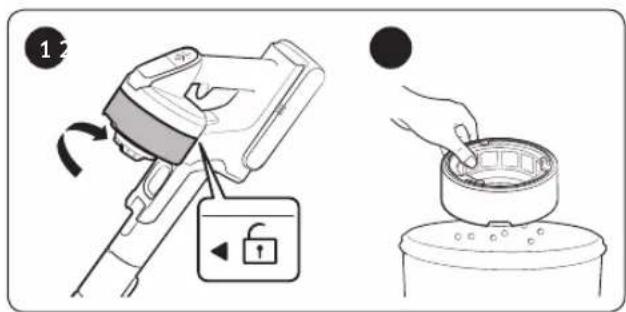 Diagram illustrating a device lock operation with labeled steps and a hand placing a component into a container.