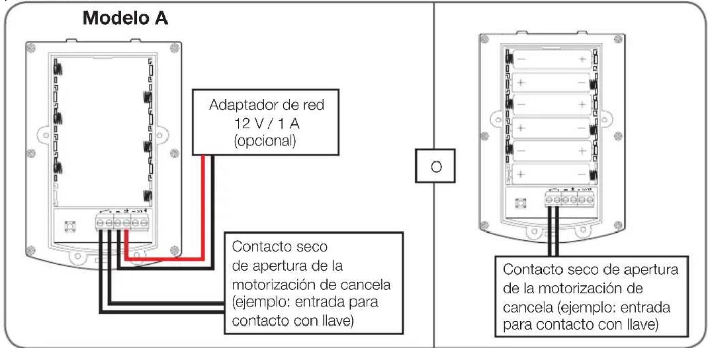Modelo A Adaptador de red 12 V / 1 A (opcional) Contacto seco de apertura de la motorización de cancela (ejemplo: entrada para contacto con llave) Contacto seco de apertura de la motorización de cancela (ejemplo: entrada para contacto con llave)