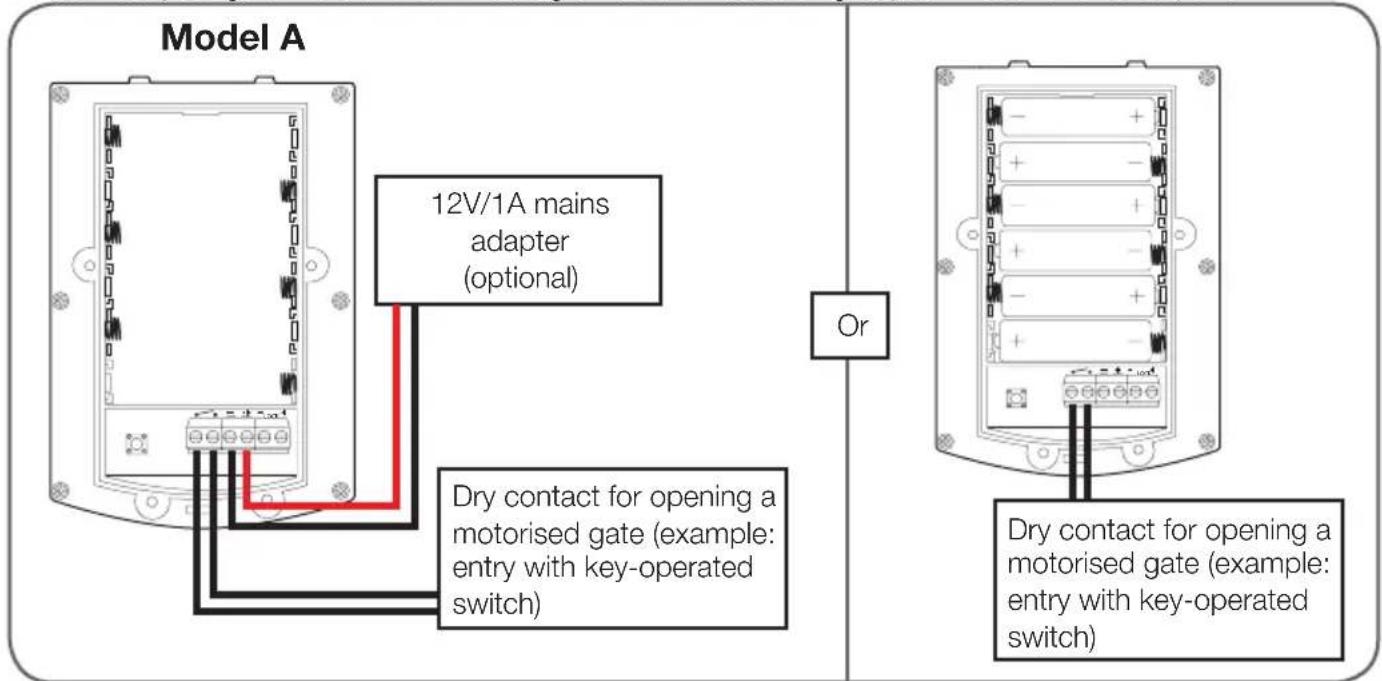 Model A 12V/1A mains adapter (optional) Dry contact for opening a motorised gate (example: entry with key-operated switch) Or Dry contact for opening a motorised gate (example: entry with key-operated switch)