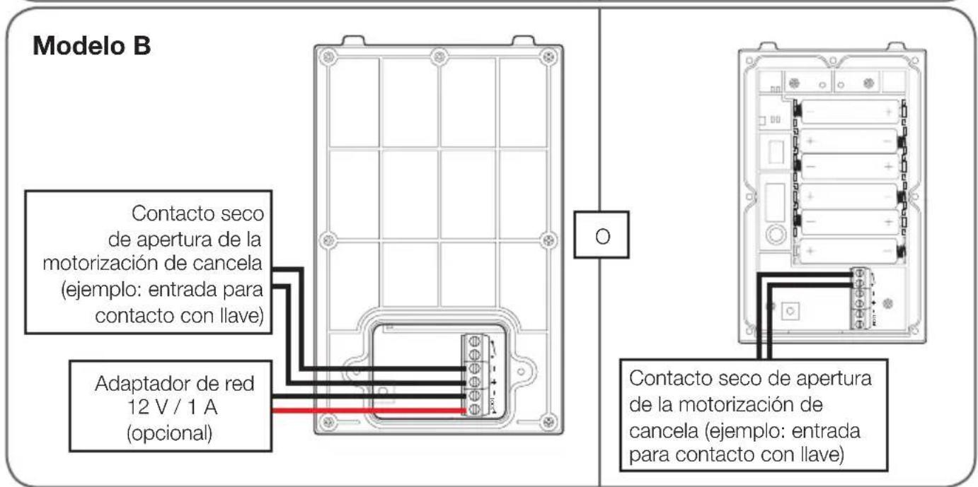 Modelo B Contacto seco de apertura de la motorización de cancela (ejemplo: entrada para contacto con llave) Adaptador de red 12 V / 1 A (opcional) Contacto seco de apertura de la motorización de cancela (ejemplo: entrada para contacto con llave)