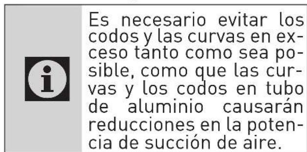 Es necesario evitar los codos y las curvas en exceso tanto como sea posible, como que las curvas y los codos en tubo de aluminio causarán reducciones en la potencia de succión de aire.