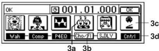 KORG D1200mkII - EditEffect ...... (EffectProgramName) このボタンを押すと Effect Algorithm "ダイアログが表示されます。そのプログラムの構成、オン/オフが確認できます。インサート・エフェクトのプログラムは最大5種類のエフェクトで構成されています。 - 1