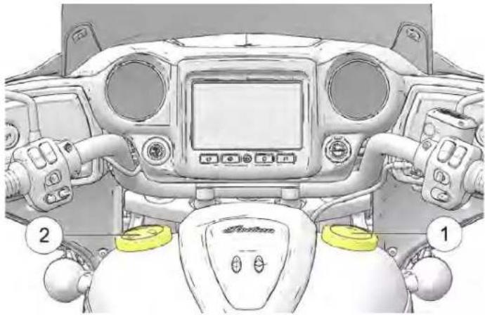 Indian Vintage (2021) - BBOOUUCCHHOONN DDEE RRÉÉSSEERRVVOOIIRR DDEE COAARRBBUURAANTT Le bouchon de réservoir de carburant ① se trouve sur le côté droit de la console. Un bouchon décoratif ② se trouve sur le côté gauche de la console. Ne pas essayer de retirer le bouchon décoratif. T'unten le bouchon aïsseséral du bouchon dans le sens inverse des aiguilles d'une montre pour le retirer. Si le bouchon du réservoir de carburant est équipé d'un dispositif d'attache, le poser soigneusement sur le réservoir de manière à ce que le parechocs en caoutchouc soit en contact avec le réservoir. Consulter la page 84 pour les instructions de remplissage du réservoir de - 1