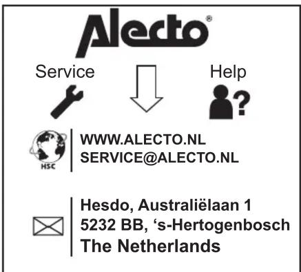 Alecto® Service ↓ Help HSC | WWW.ALECTO.NL SERVICE@ALECTO.NL Hesdo, Australiëlaan 1 5232 BB, 's-Hertogenbosch The Netherlands
