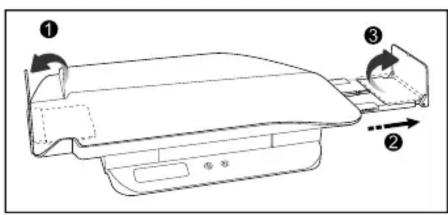 Technical diagram of a printer or printer outline with numbered components and directional arrows indicating assembly or movement.