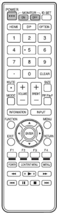 POWER MONITOR ID SET HDMI DP OPTION 1 2 3 4 5 6 7 8 9 0 CLEAR MUTE + VOLUME + BRIGHT SIZE MODE - PP/Pb/P INFORMATION INPUT FUNCTION MENU EXIT RETURN F1 F2 F3 F4 POWER CONTENT MENU MENU ←→ ←→ ←→ ←→