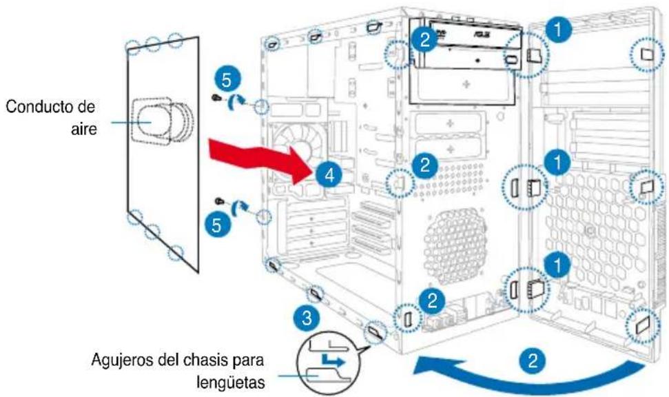 ASUS V2P5P43 - Retirando la cubiertas de los zócalos y reinstalando el ensamblaje del panel frontal y la cubierta lateral - 2