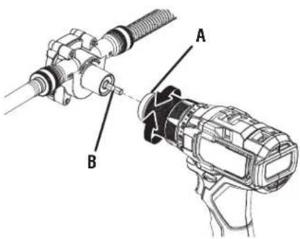 Technical diagram showing mechanical assembly with labeled parts A and B