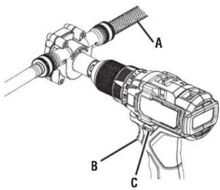 Technical diagram of a mechanical device with labeled parts A, B, and C