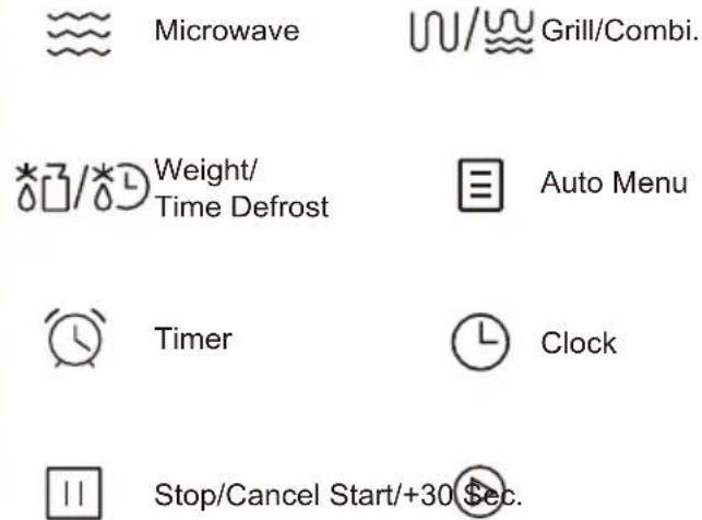 Microwave Grill/Combi. Weight/ Time Defrost Auto Menu Timer Clock Stop/Cancel Start/+30 Sec.